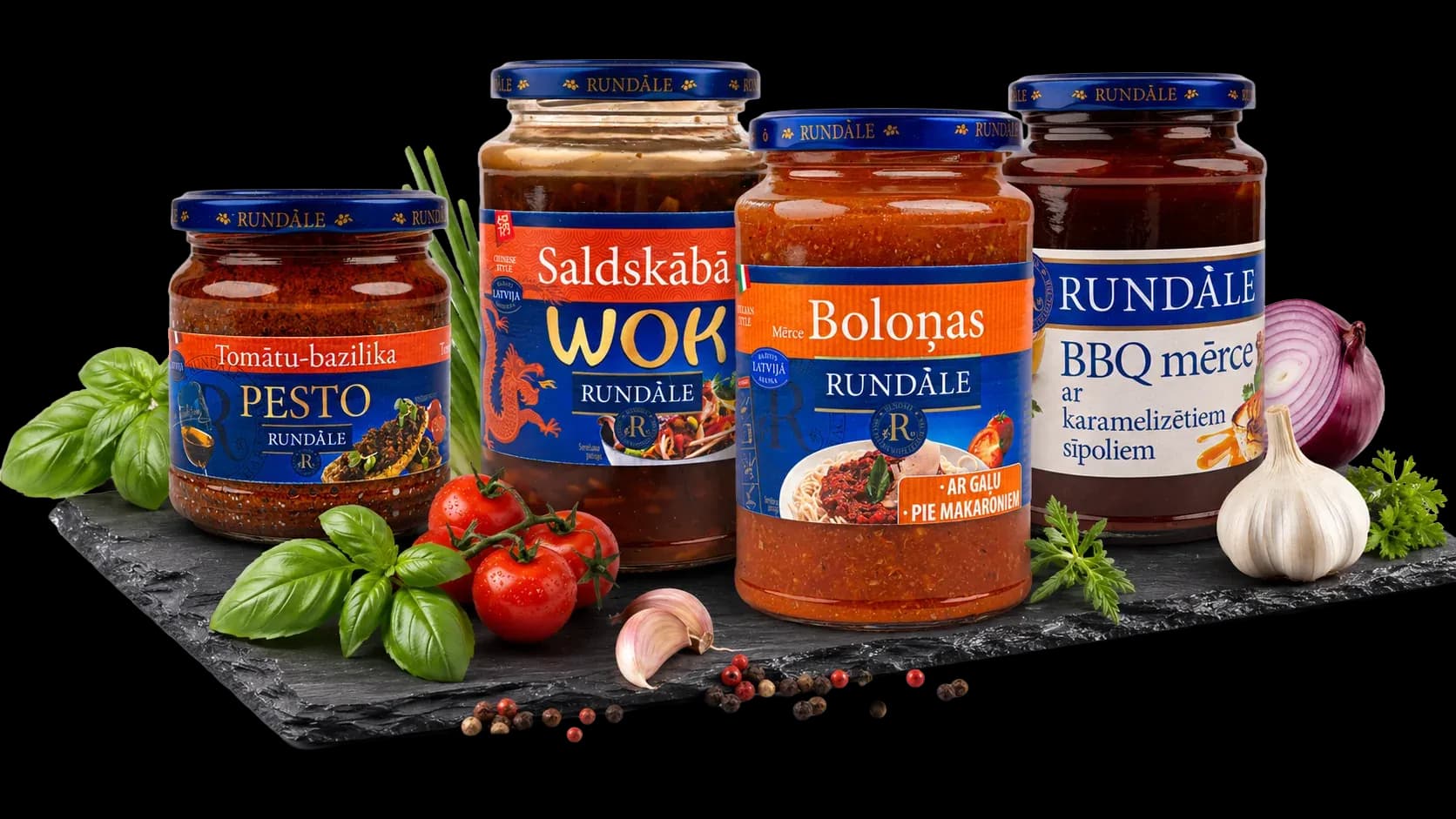 Rundāle produktu izlase ar pesto, Wok, Bologna un BBQ mērcēm